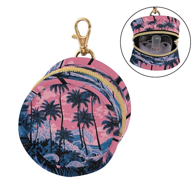 Pacifier Holder with Clip Pacifier Case for Diaper Bag Round Baby Pacifier Pouch Box Bag Portable Palm Tree Wave Pink