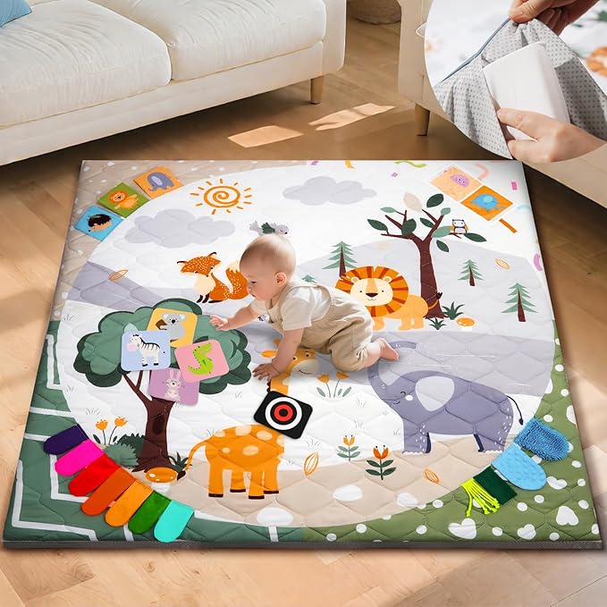 TINYHARBO Premium Foam Baby Play Mat 59x59, 4 Developmental Zones Play Mat with Removable & Machine Washable Cover, Extra Thick Padding Playpen Mat, Easy to Clean for Infants, Toddlers & Babies