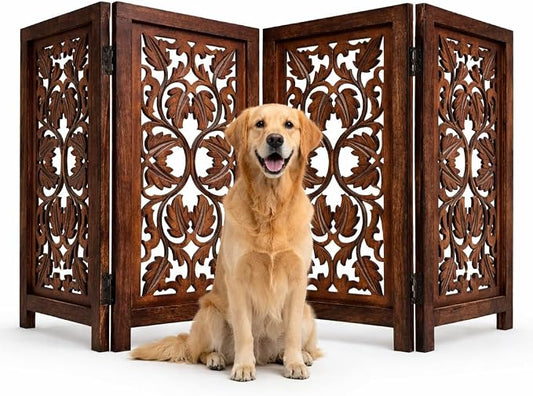 Free Standing Dog Gate – 4 Panel Foldable Wooden pet gate Indoor 56" W x 28" H, Hand-Carved Solid Wood & MDF, Portable Indoor Gate for Doorways, Halls, Stairs – Fully Assembled_Burnt Finish