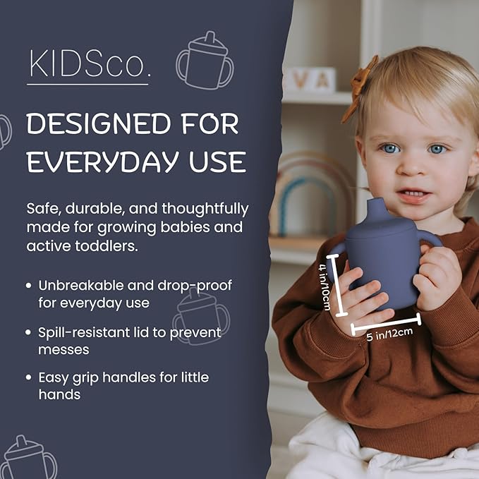 KIDSco. Silicone Sippy Cups (2 Pack) ??Soft Spout & Easy Grip Handles for Babies 6+ months, Plastic Free, Toxic Free Silicone, Leak-Resistant, Dishwasher Safe (Midnight Blue & Canary)