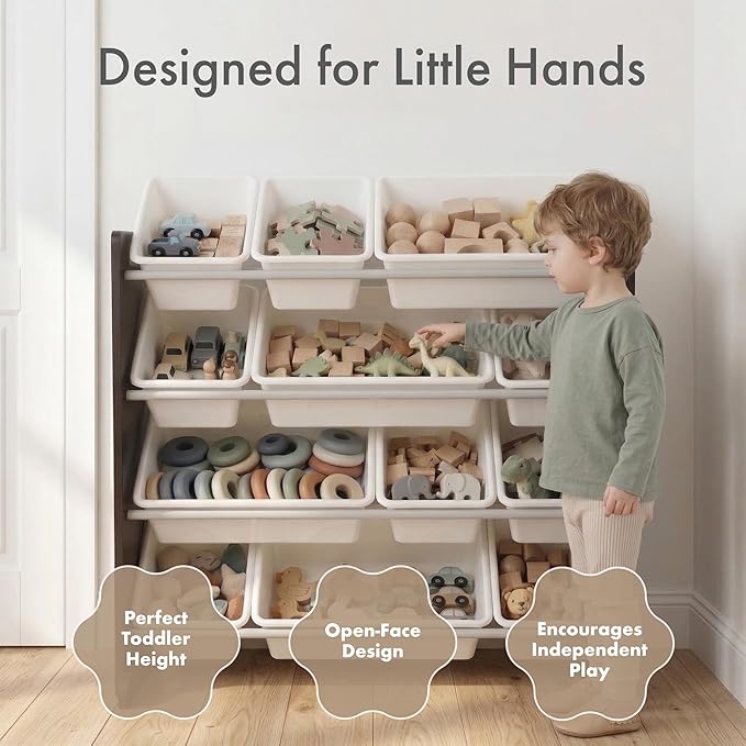 Humble Crew Kids Toy Storage Organizer with 12 Plastic Bins, Espresso/White ??Removable Bins for Playroom, Bedroom, Toddler Furniture for Boys and Girls Ages