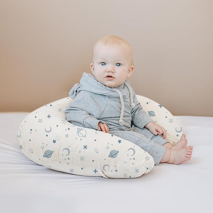 Konssy 2-Pack Muslin Nursing Pillow Covers, Soft & Adorable Nursing Covers for Breastfeeding Pillows, Slipcovers for Newborn Boys & Girls(Blue, Star)