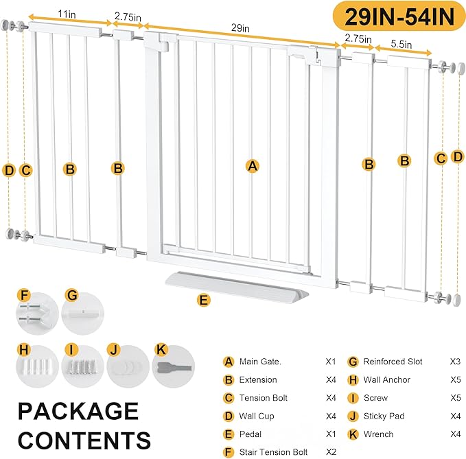 29-54 inches Extra Wide Metal Baby Gate for Stairs/Doorways, 30 inches Tall Pressure Mounted Pet Gates, Auto-Close Child Safety Gate, No Drilling Easy Walk-Through Dog Gate Indoor, White