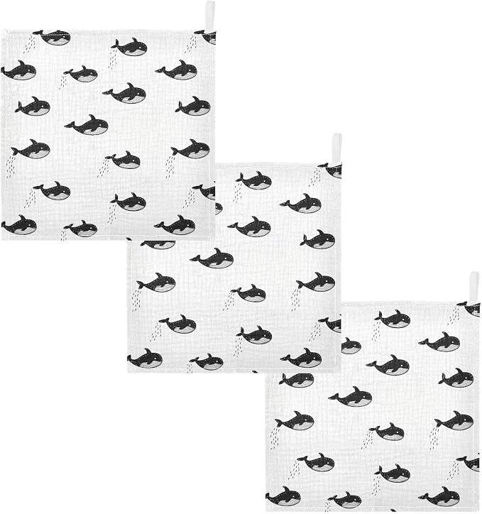 vvfelixl Baby Muslin Washcloths Little Cute Orca Baby Burp Cloths Cotton Babys Face Towel for Newborn Infants Boys Girls Soft and Absorbent 11.8 X 11.8 in, 3 Pack