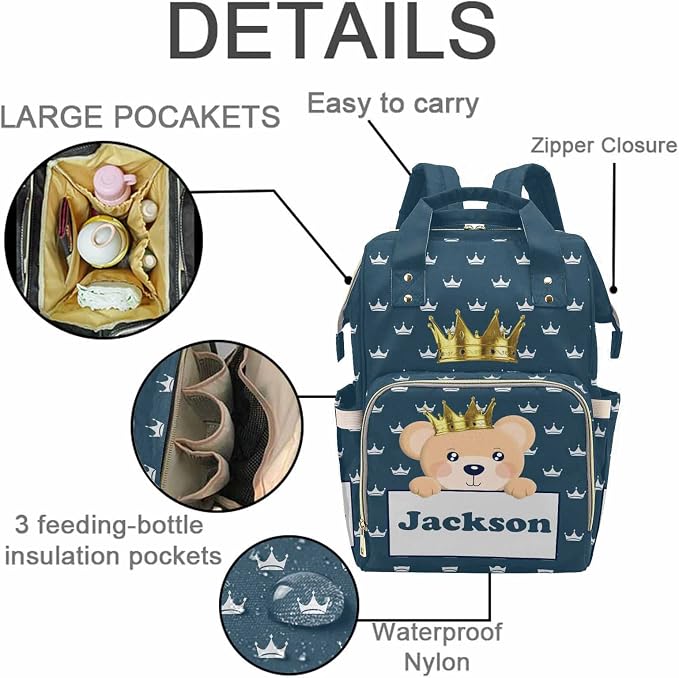 M YESCUSTOM Diaper Bag Custom Name Personalized Crown Diaper Bag with Cartoon Prince Bear Suits for Women Travel Outdoor Use Dark Blue
