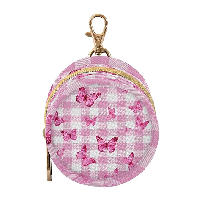 Pacifier Holder with Clip Pacifier Case for Diaper Bag Round Baby Pacifier Pouch Box Bag Portable Checkered Pink and White Butterflies