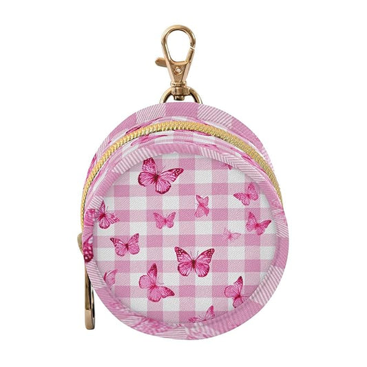Pacifier Holder with Clip Pacifier Case for Diaper Bag Round Baby Pacifier Pouch Box Bag Portable Checkered Pink and White Butterflies