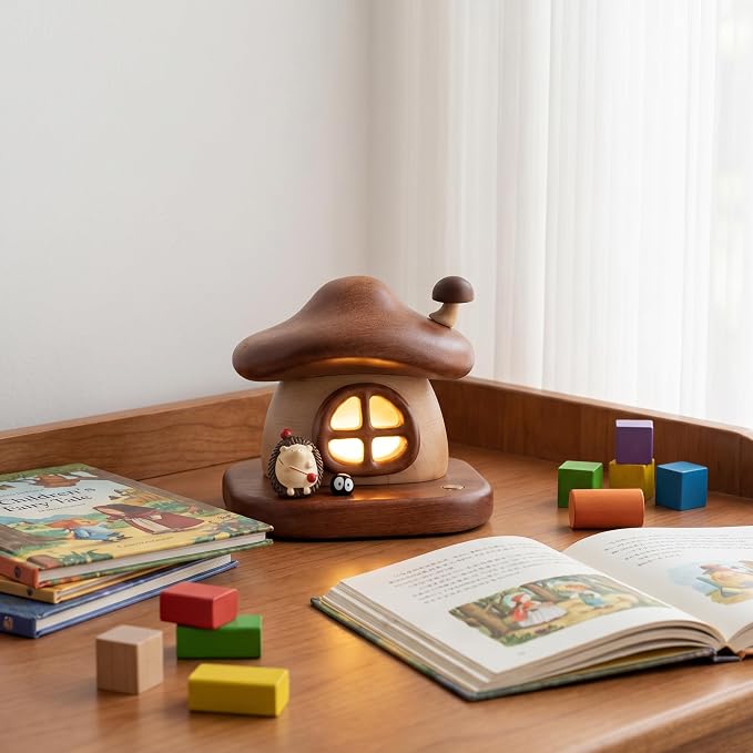 LONRISWAY Cordless Wood Mushroom Lamp, Small Battery Operated Wooden Table Lamp Portable Night Light, 3-Color Touch Control Wireless Stepless Dimming for Bedroom Nightstand for Birthday Gifts