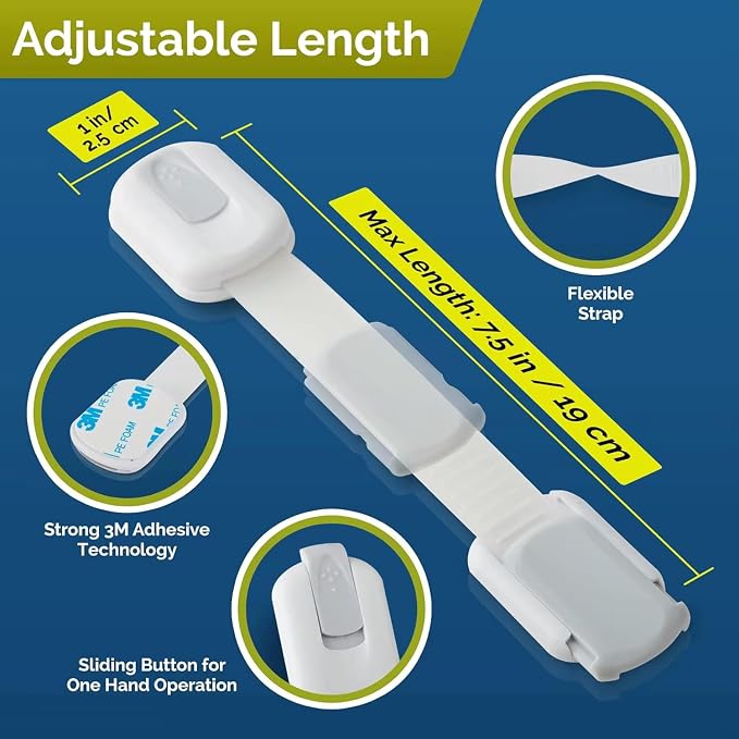 Premium Baby Safety Cabinet Locks (10 Pack) – Adjustable Child Proof Straps with Strong Adhesive – No Drill Easy Install – Secure Cabinets, Drawers, Fridge & Toilet – White