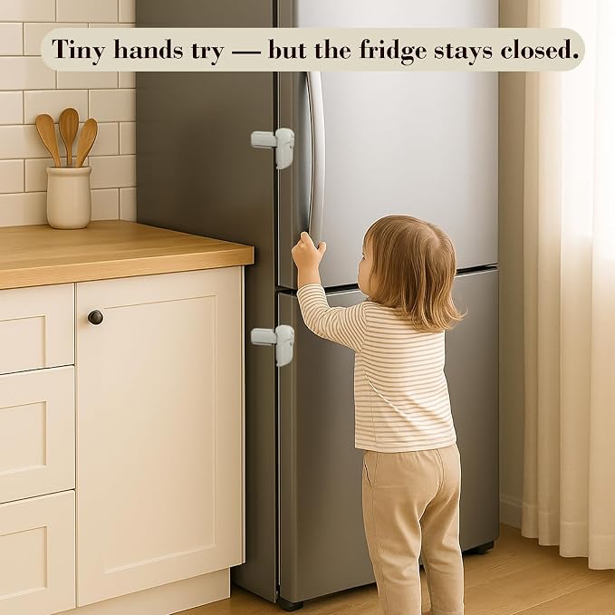 2 Pack Child Proof Fridge Lock, Baby Safety Refrigerator & Freezer Door Lock for Toddlers, Kids & Pets, One-Hand Operation, Strong Adhesive, No Tools or Drilling Needed, Gray