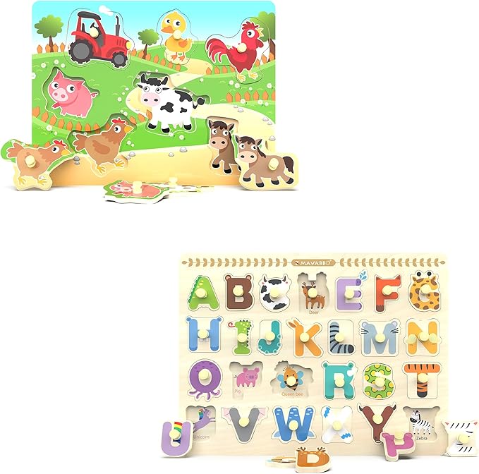 Wooden Peg Puzzles for Toddlers, Baby Puzzles Alphabet Board, Preschool Knob Puzzle
