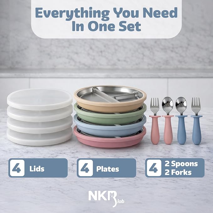 Stainless Steel Toddler Plates with Suction – 4 Pack Divided Baby Plates with Lids – BPA-Free Silicone Base – Dishwasher Safe