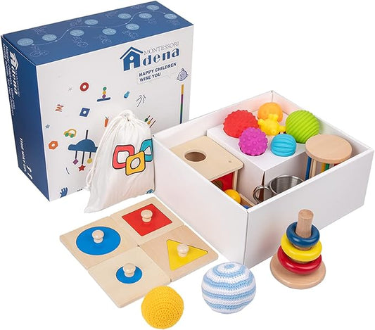 Adena Montessori Play Kit for 7-8 Months Baby,9 in 1 Learning Educational Toys for Toddler,Include Object Permanence Box,Different Balls,Shape Puzzles and More,Christmas Birthday Gift for Boys Girl