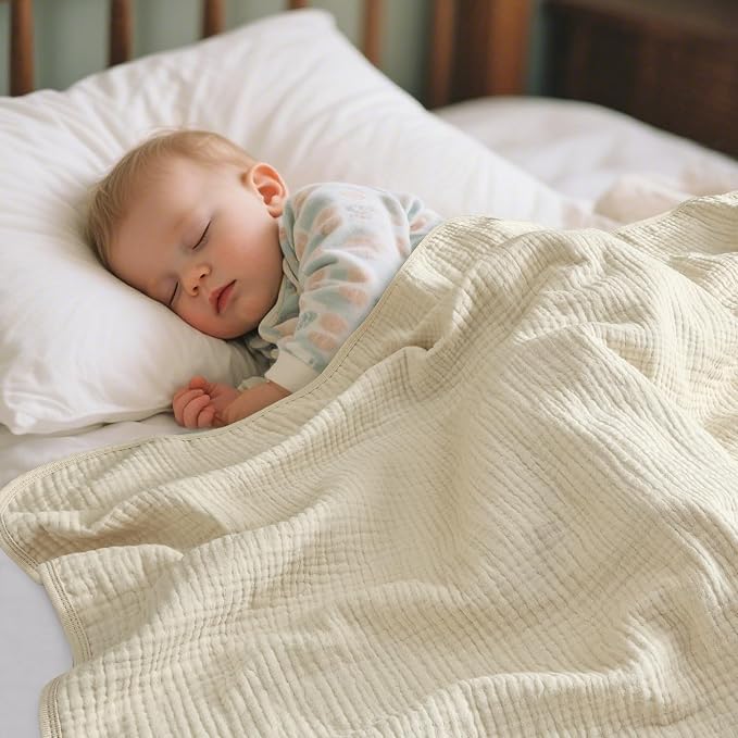 PHF Baby Muslin Swaddle Blanket, 100% Cotton Soft Breathable Receiving Blankets for Boys and Girls, 4-Layer Swaddle Wrap Burping Clothes, Baby Essentials, Large 47 x 47 inches, Beige/Birch