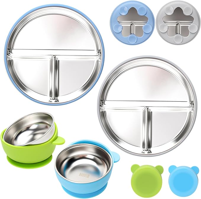MISSLILI Stainless Steel Baby Plate and Bowls with Suction, Divided Kids Baby Plate and Toddler Bowl with Removable Silicone Suction, Non-Slip Baby Feeding Set Dishwasher Safeï¼? Packs