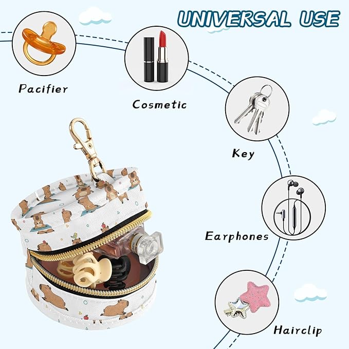 Yoga Capybara White Pacifier Holder Case Newborn Pacifier Storage Pouch for Boys Girls Easy Attach to Diaper Bag Portable Baby Essentials Container