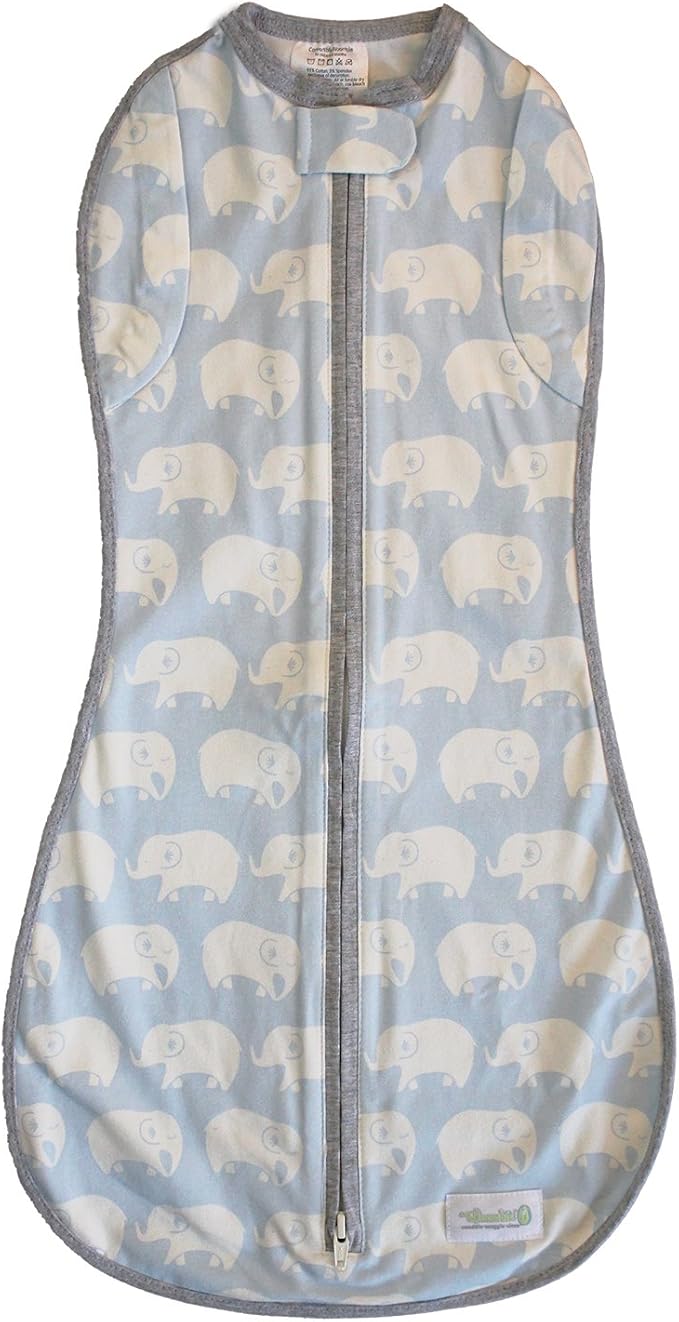 Woombie Convertible Baby Swaddle Blanket, Converts to Wearable Blanket for Babies Up to 6 Months, Kiss Elephant Blue, 14-19 lbs