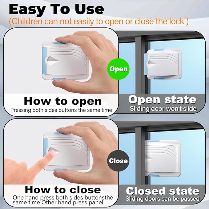 STERGDE Sliding Door Lock 4 Pack, Prevent children from opening sliding doors, sliding door baby proof, Easy To Install, For Sliding Glass Doors, Sliding Windows, Sliding Closets, Etc（Blue）