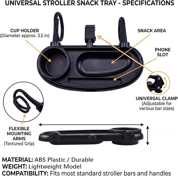 Compatible with UPPAbaby Snack Tray, Adjustable Stroller Tray Cup Holder | Food-grade plastic rinses clean after messy bites, while divided areas keep drinks, treats and a phone tidy on outings.