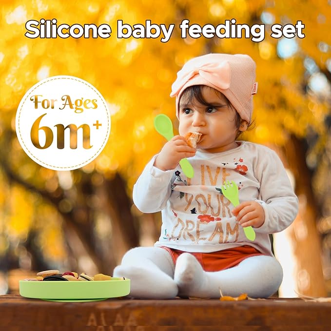 BabyX Baby Silicone Feeder Set, 3-pcs Home Critter-themed Baby Plate with Suction, Spoon and Fork for Babies Toddler Kids, BPA-Free, Baby Utensils Feeding Supplies, Microwave and Dishwasher Safe