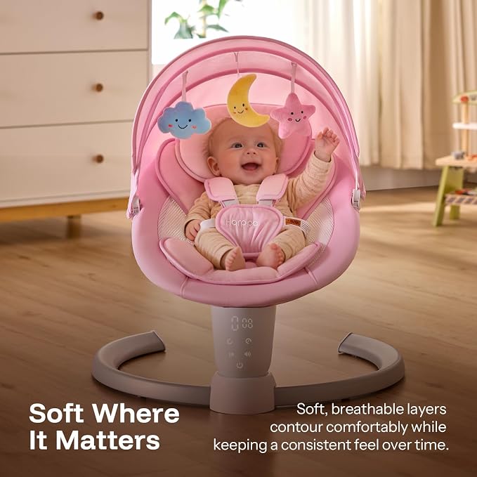 HARPPA Weddell Electric Baby Swing for Infants, 5-Point Harness, 5 Motion Levels, Remote & Touch Control, Built-in Melodies, Portable Baby Swing for Indoor Use,Light Pink