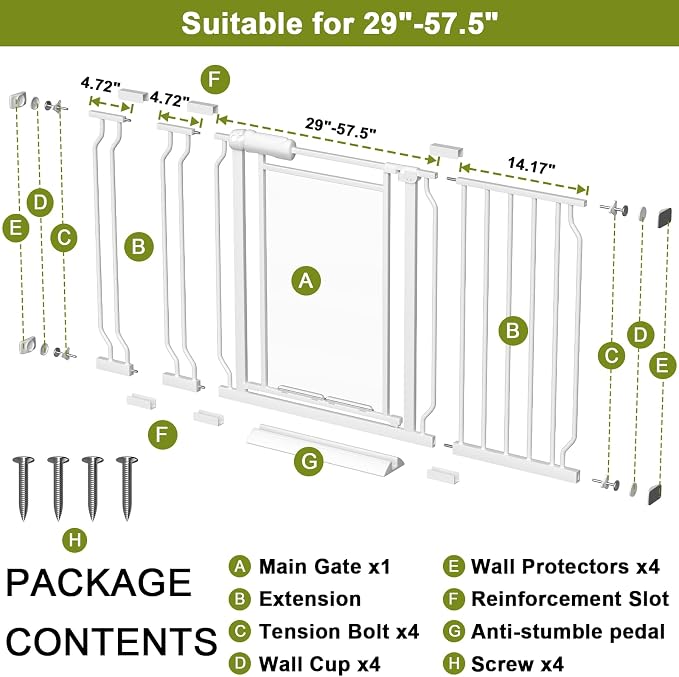 Clear Acrylic Baby Gate and Dog Gate, 29-57.5 in Wide, 30.5 in Tall Metal Frame Pressure Mounted Gate with Auto Close, Two-Way Walk-Through and Child-Resistant Lock, White