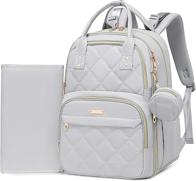 Diaper Bag Backpack, Large 26L Baby Bag with Portable Changing Pad & Pacifier Case, Waterproof Quilted Maternity Backpack for Mom and Dad, Travel Essentials with Insulated Pockets, Grey