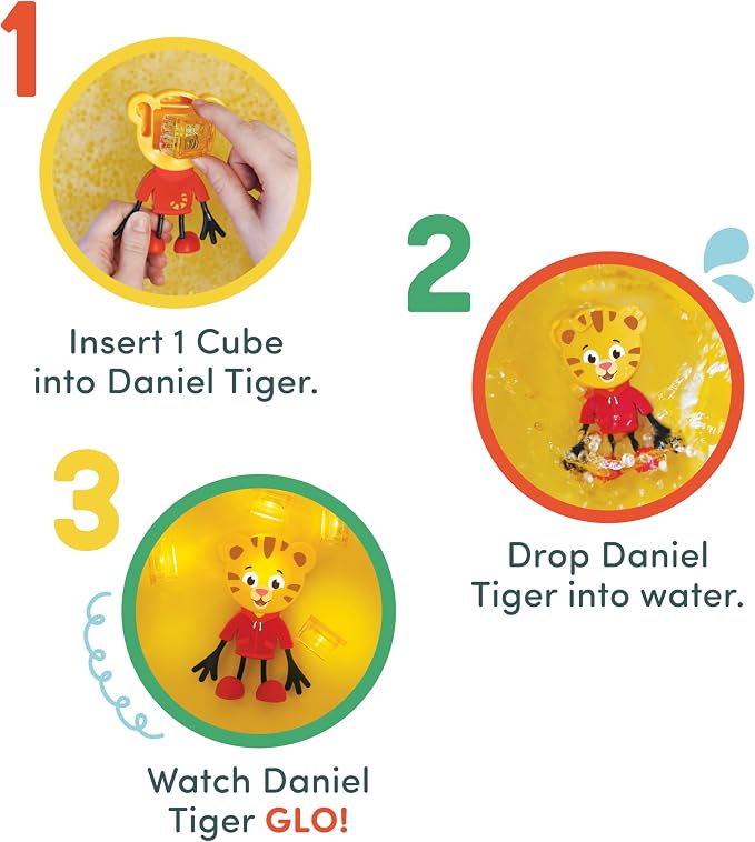Glo Pals Water Daniel Tiger Activated Light-Up Sensory Bath Toy Character and Vibrant Cubes for Bathtime and Sensory Play, Pack of 6