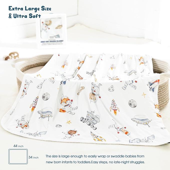 GRSSDER Reversible Baby Swaddle Blankets 2 Pack, Super Soft Jersey Knit Baby Quilt Blanket for Baby Boys, Stretchy Breathable Receiving Blankets 34 x 44 Extra Large for Swaddling, Sea Fish & Space