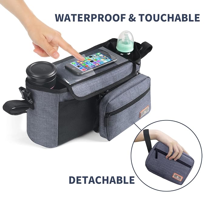 Homlynn Universal Stroller Organizer, Stroller Large Storage Bag with Cup Holders & Shoulder Straps & Detachable Pocket, Stroller Caddy Fits for Most Baby Stroller and Pet Stroller