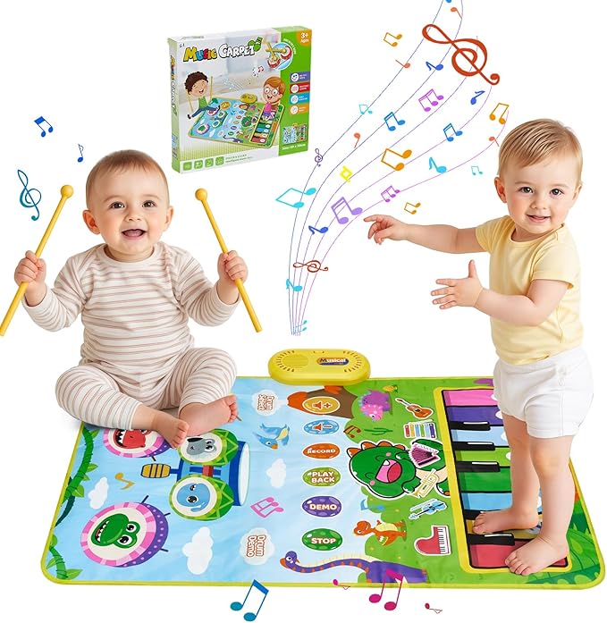 Baby Musical Play Mat,Early Educational 3 in 1 Floor Piano Drum Animal Touch 31.5"*19.6 " Play Blanket Montessori Sensory Musical Learning Toys,Baby Birthday (Green Dinosaur)