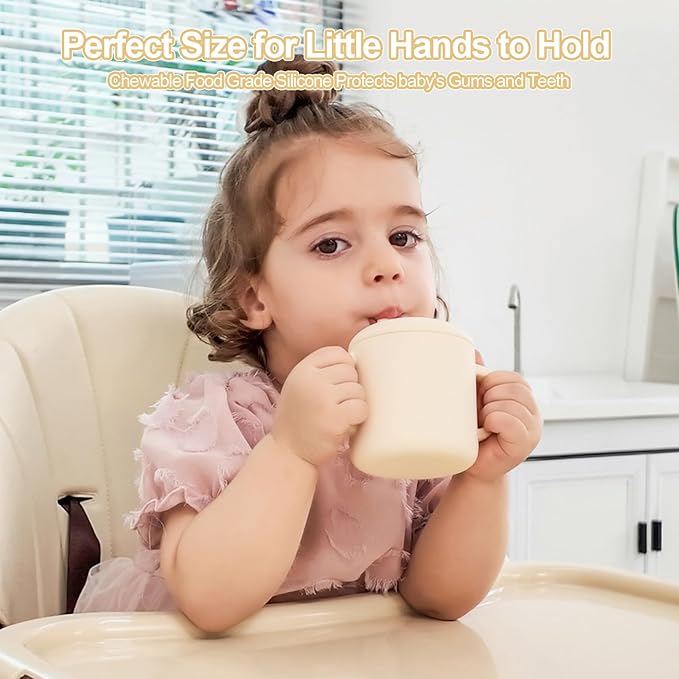 Premium Silicone Baby Straw Cup 6 floz, BPA-Free Food-Grade Silicone Sippy Cup for Infants and Toddlers 6months+, Leak-Resistant, Durable, Easy-Grip Training Design (Beige)