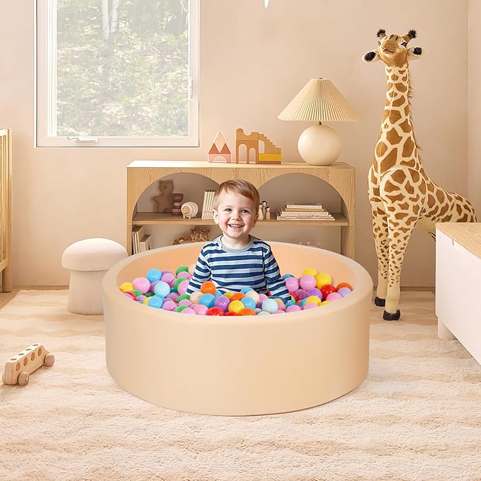 Soft Foam Ball Pit for Kids and Toddlers, Round Ball Pool with 36 x 12 Inches, Ideal Gift Toy for Children - (Balls Not Included) - Beige