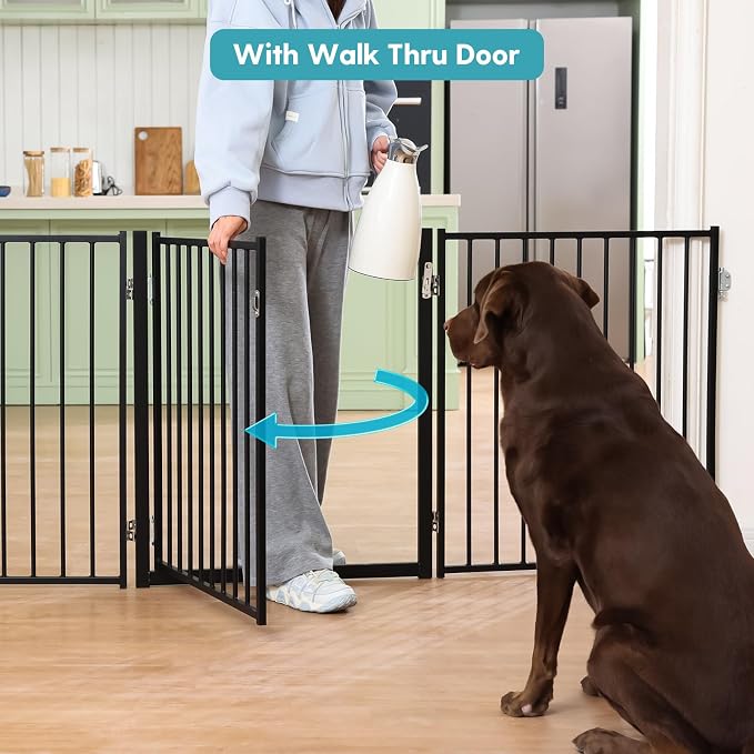 No Pawblems Free Standing Dog Gate with Door, 30'' Tall Foldable Dog Fence for Indoor & Outdoor, Up to 156 Inch Extra Wide Pet Gate for Yard, Deck, Doorways, Stairs, Hallways (Black, 6 Panels)
