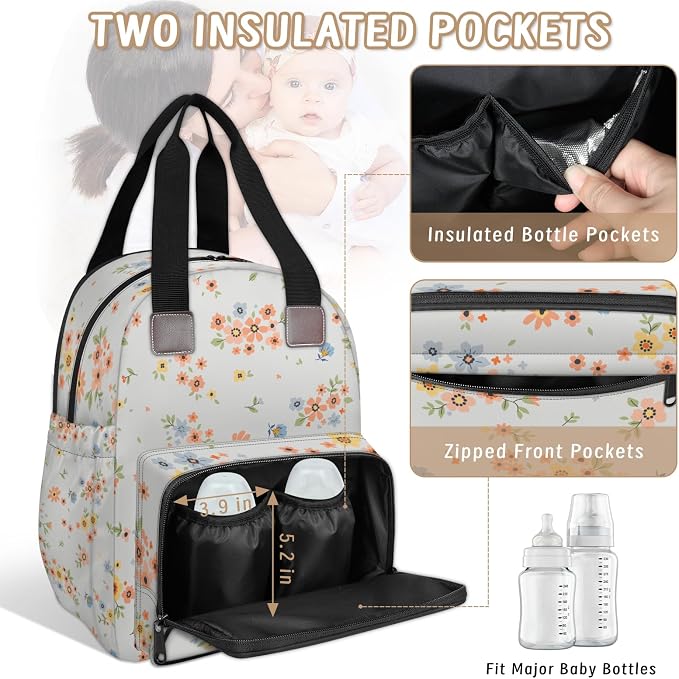 Pink little flower Diaper Bag Backpack-Multi-functional mother and baby bag Thermal compartment USB charging port Large capacity Multi-pocket organizer Stroller can be hung Travel shopping