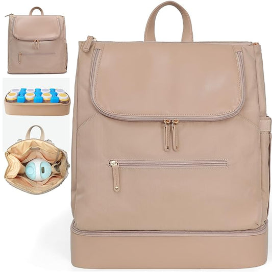 MOMINSIDE Diaper Bag Backpack - Large Baby Diaper Bag with 14 Pocket, Leather & Nylon Travel Diaper Backpack for Mom, Breast Pump Bag, Removable Cooler Compartment, Double Layer, Khaki
