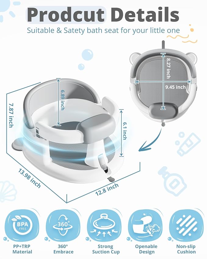 ONTHEWEI Baby Bath Seats for Babies Sitting Up, Non-Slip Baby Bathtub with 3 Suction Cups, Safe & Comfortable Toddler Bath Seat Ideal for Baby Bath/Shower Support, Stable Design, Grey (6-24 Months)