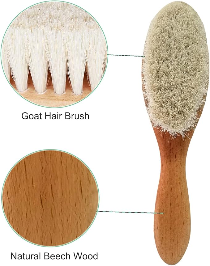 3 Piece Baby Hair Brush and Comb Set for Newborn & Toddlers- Natural Wooden Hairbrush with Soft Goat Bristles for Cradle Cap - Perfect Scalp Grooming Product for Infant, Toddler, Kids, Baby