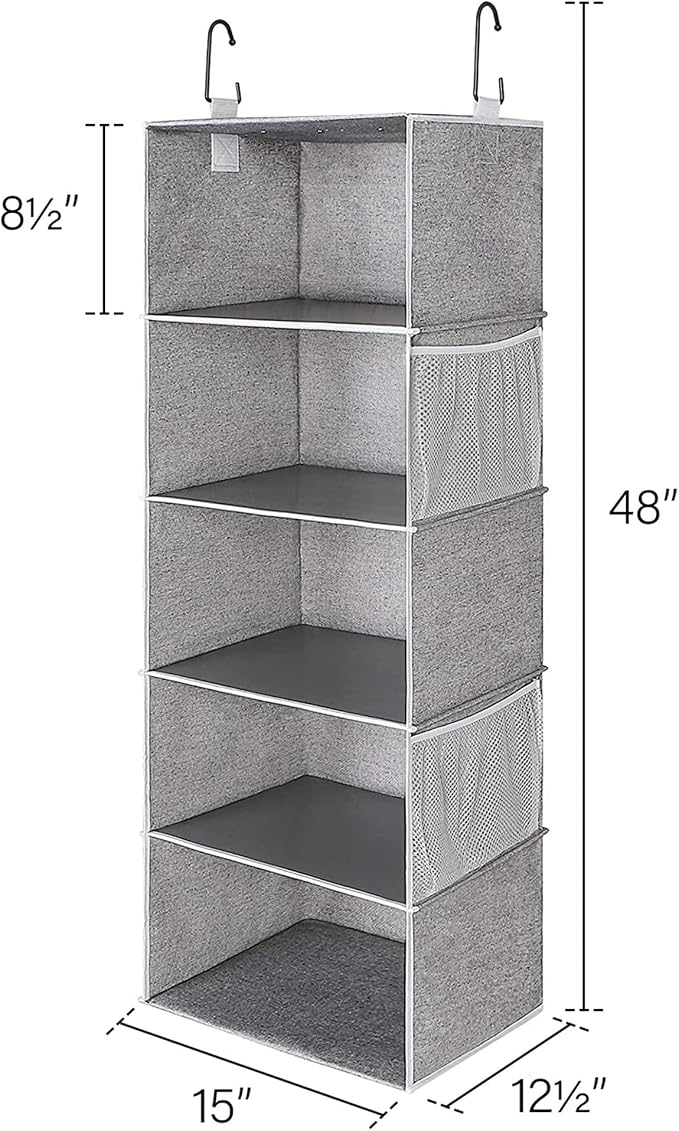 StorageWorks Hanging Closet Organizer, 5-Shelf Hanging Shelves with 2 Hooks, Foldable Space-Saving Design, Closet Organizers and Storage for Bedroom, Dorm, Locker, Gray