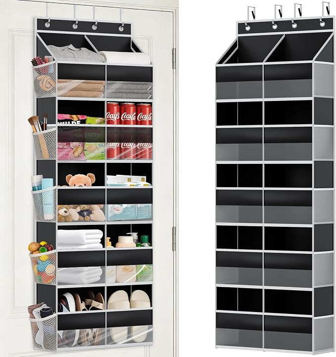 Over the Door Organizer 5 Tiers, Extra Large Behind Door Storage of 10 Big Front 10 Mesh Pockets, 80 lbs Door Organizer Hanging Heavy Duty Over the Door Storag for Closet Bedroom Nursery Pantry Black