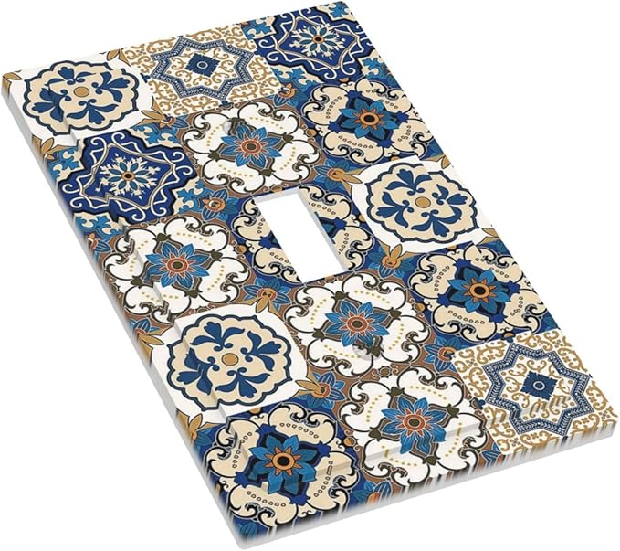 Boho Talavera Decorative Tile Moroccan Mandala Print Decorative Light Switch Cover 1 Gang Single Toggle Device Electrical Faceplate Switchplates Decorator Outlet Wall Plate for Bathroom Kitchen Decor