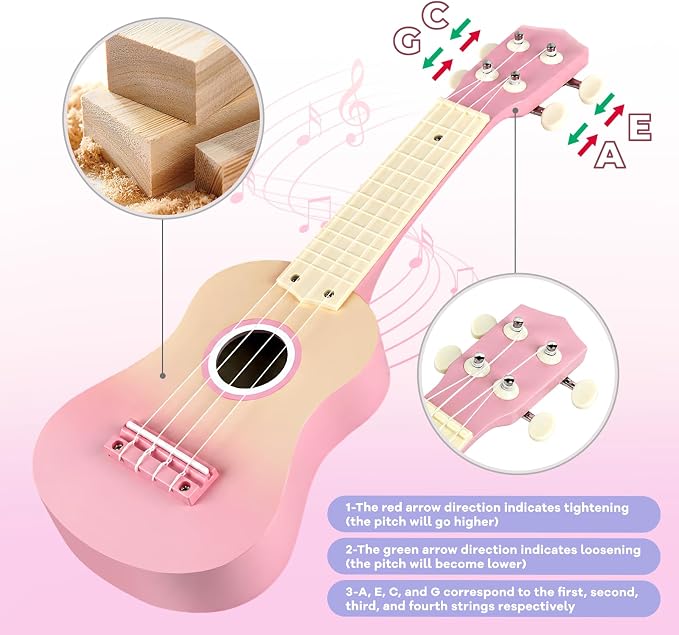 Pink Kids Guitar Set - 8 in 1 Toddler Musical Instruments,Montessori Wooden Ukulele Xylophone Tambourine Maracas Flute,Toy Guitar for Toddler Girl Ages 1-3, 2 3 4 Year Old Girl Birthday Gift