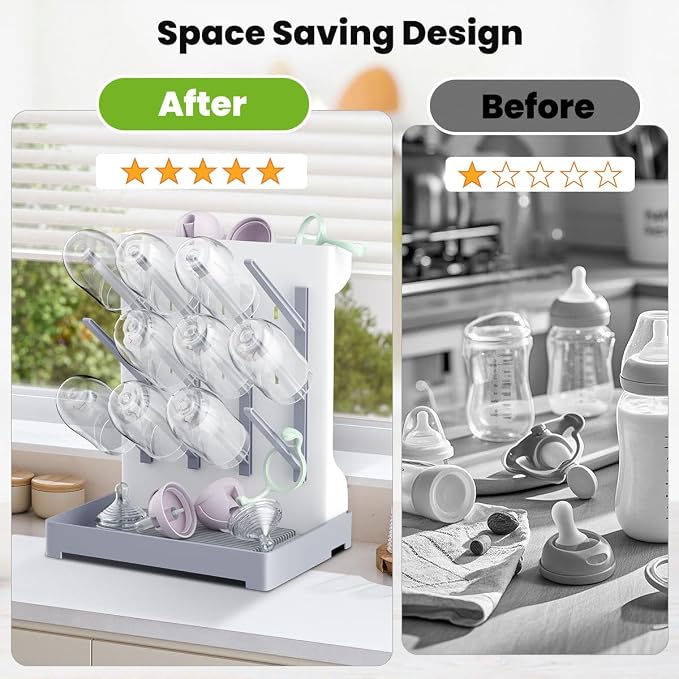 Baby Bottle Drying Rack: Vertical Space Saving Large Bottles Holder - Standing Boon Dryer Rack Baby Accessory - Countertop Holds Up to 12 Bottles & Pump Part Cleaning & Cup (Blue) (Gray)