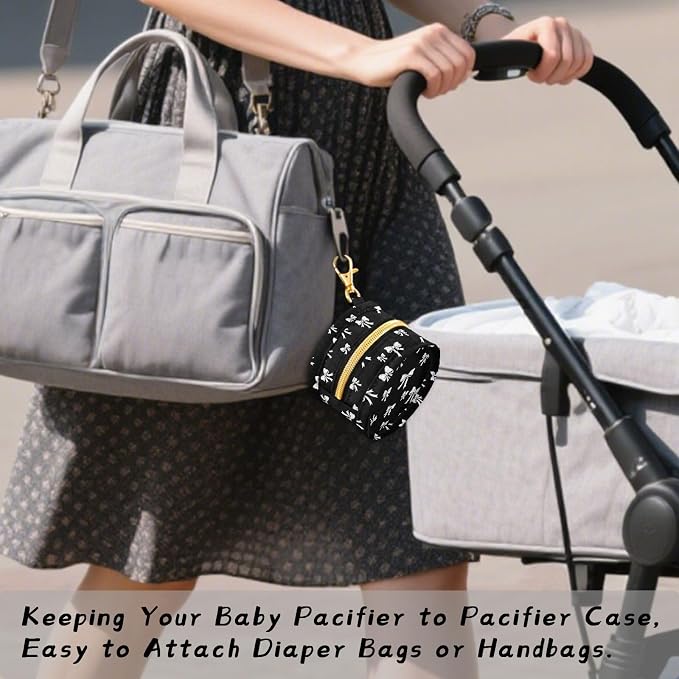 Bow Black Pattern Pacifier Holder Case with Metal Clip Portable Pacifier Cover Pouch for Newborn Baby Boys Girls