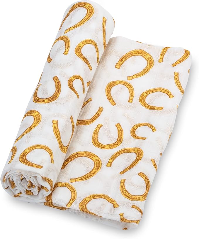 LollyBanks Baby Blankets, 100% Muslin Cotton Swaddle Blanket for Boys, Large 47 x 47 Inches Newborn Swaddle, Soft and Breathable Baby Receiving Blankets, Baby Essentials, Registry (Horseshoe Print)