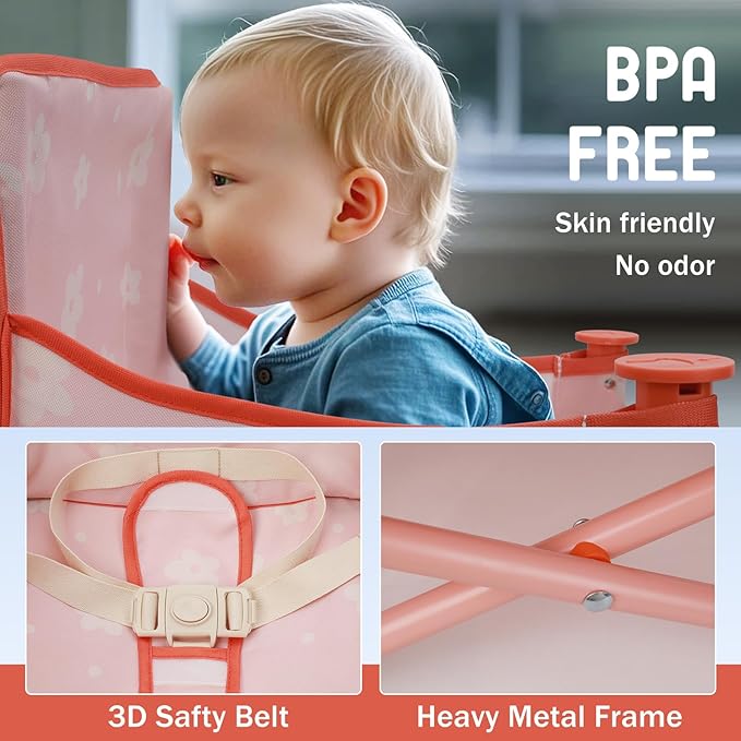 Tiny Marvels Portable 3-in-1 Baby Chair, Cozy Booster Seat, Baby Seat with Tray, Compact Foldable, Toddler Chair with Child Safety Belt Carry Bag, Perfect for Travel (Blush Petals)