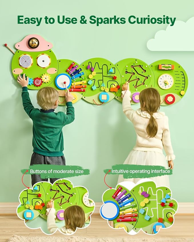 VEVOR Caterpillar Activity Wall Busy Board Wall, 12 Wall Activities Board, Montessori Sensory Wall Panel for Kids 3-12 Years, Sensory Wall Activity Board, Ideal for Toddler Playroom Nursery Classroom