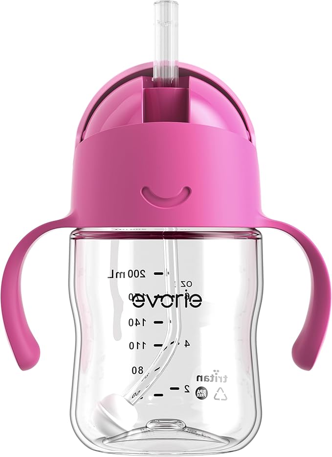 Evorie Tritan Weighted Straw Sippy Cup with Handles for Baby and Toddlers, Spill Proof Baby Water Bottle with Straw for 6 Months and up, 7 Oz, Infant Training Water Bottle (Strawberry)