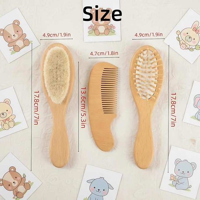 Custom Name Baby Brush and Comb Set, Personalized 3-Piece Wooden Hairbrush Kit for Newborns, Soft Goat Hair Bristles, Baby Registry & Shower Gift