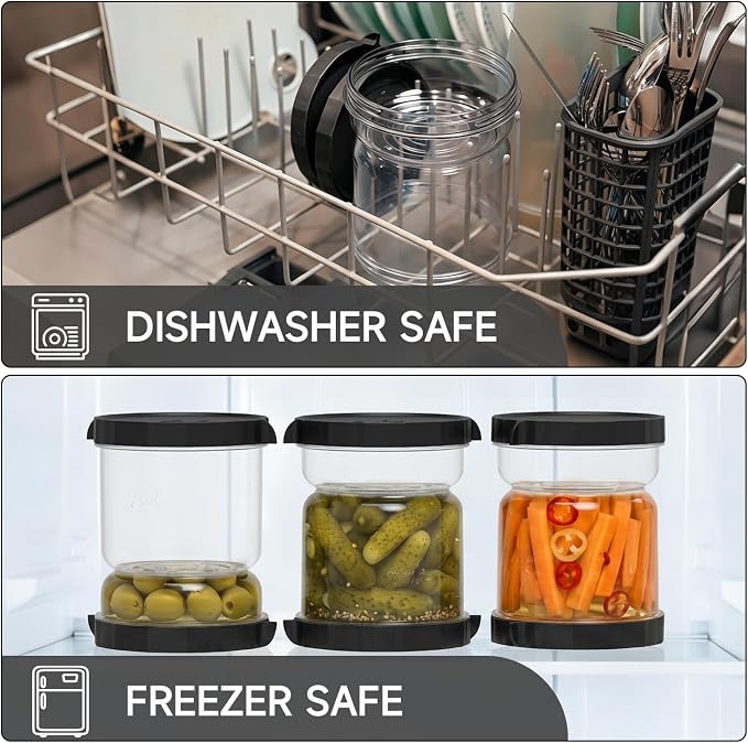 SOPHICO Pickle and Olives Jar Container with Strainer Flip, Leak-proof Juice Separator Hourglass Food Saver Storage Container (Transparent Black)